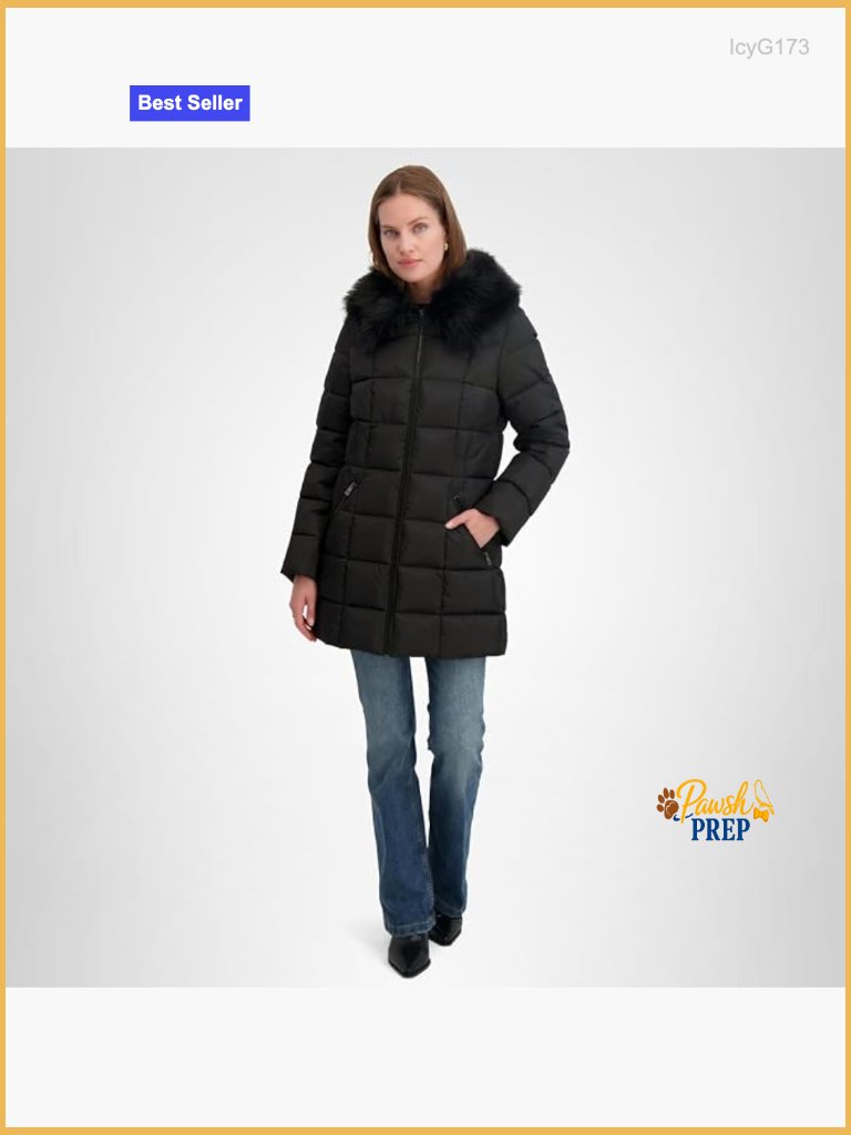 Women's Fitted Quilted Puffer Coat - Attached Hood, Faux Fur Trim, Hand Warmer